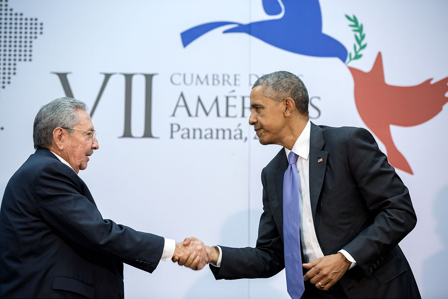 April 11, 2015 "The culmination of years of talks resulted in this handshake between the President and Cuban President Raúl Castro during the Summit of the Americas in Panama City, Panama." (Official White House Photo by Pete Souza) This official White House photograph is being made available only for publication by news organizations and/or for personal use printing by the subject(s) of the photograph. The photograph may not be manipulated in any way and may not be used in commercial or political materials, advertisements, emails, products, promotions that in any way suggests approval or endorsement of the President, the First Family, or the White House.